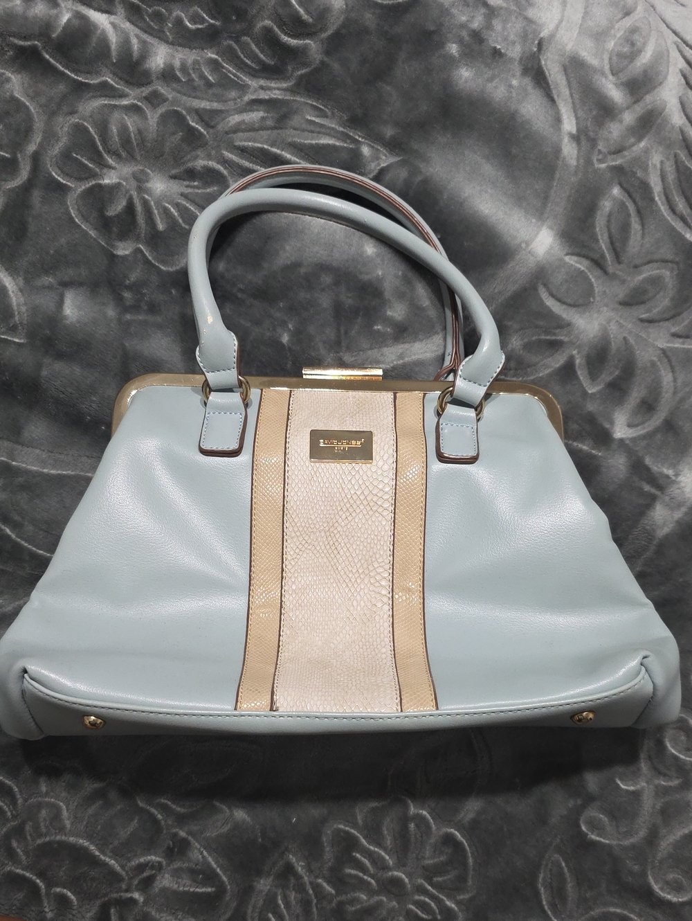David Jones Paris Light Blue and Beige Structured Satchel Handbag